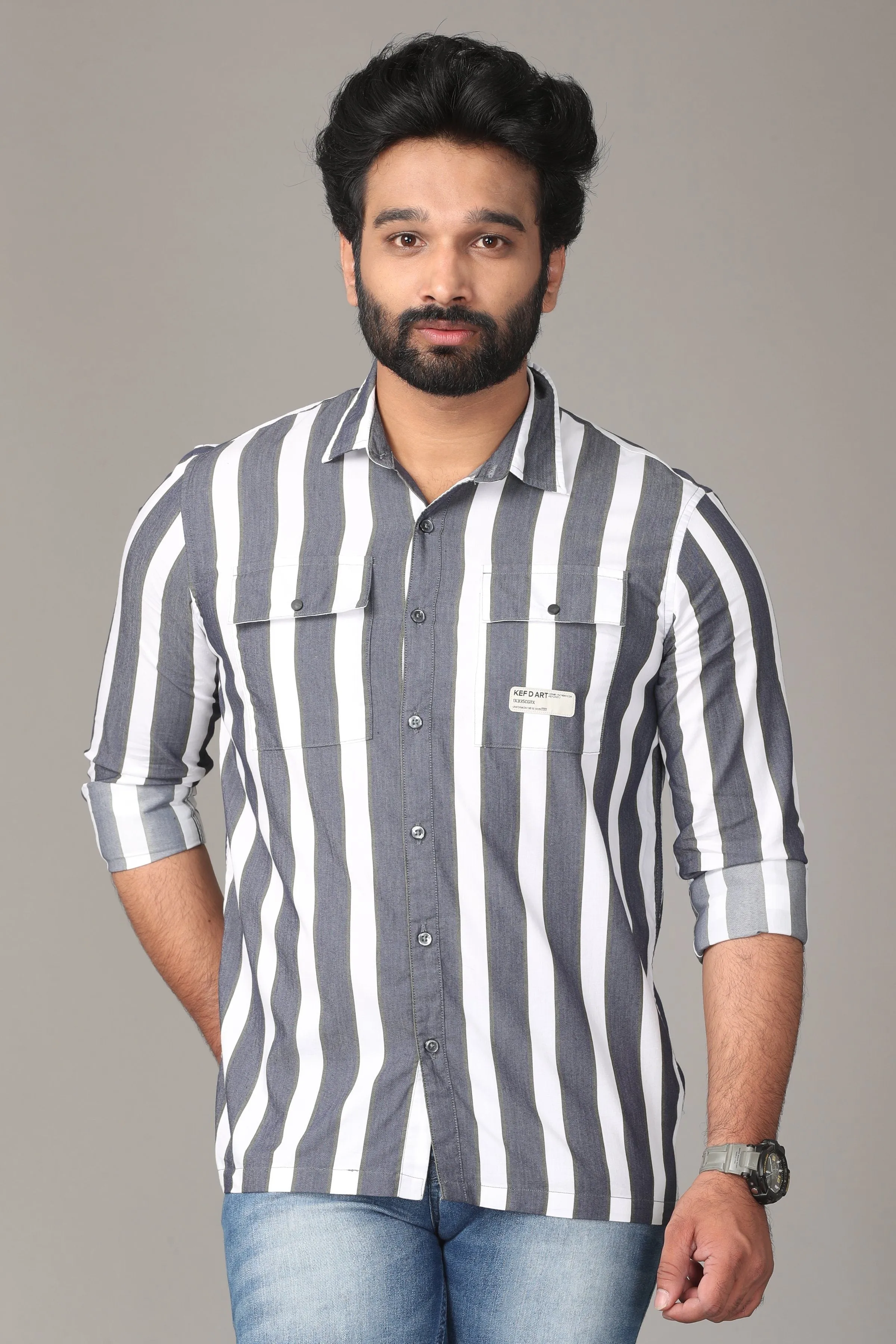 White and Grey Striped Full Sleeve Shirt