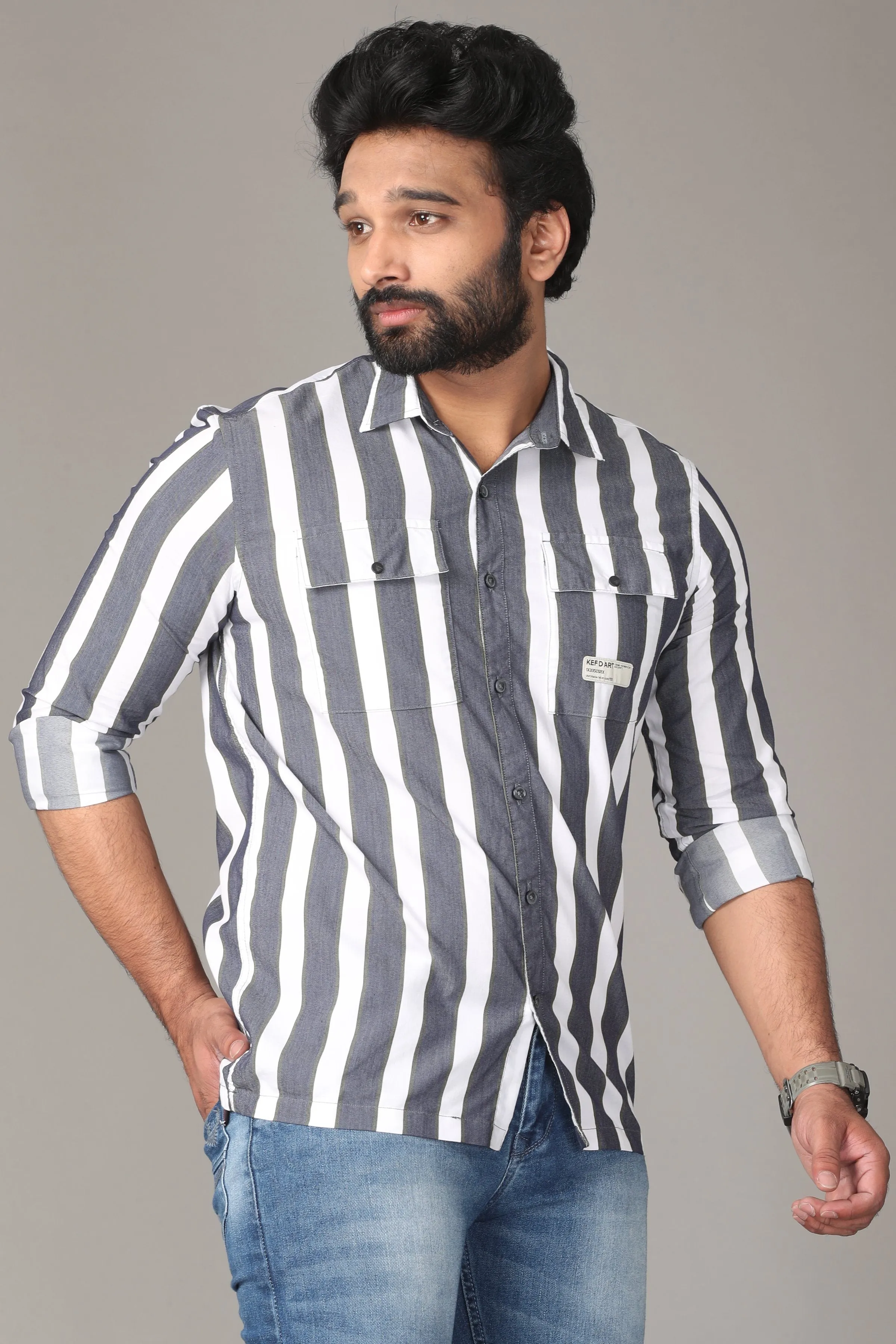 White and Grey Striped Full Sleeve Shirt