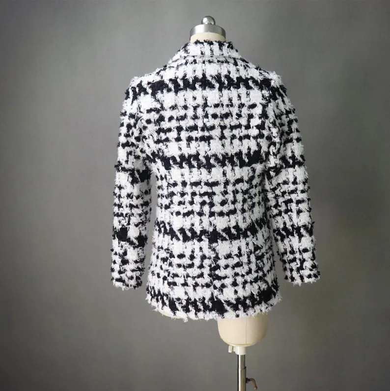 Women Black and White Checked Tweed Winter Coat -Tailor Made