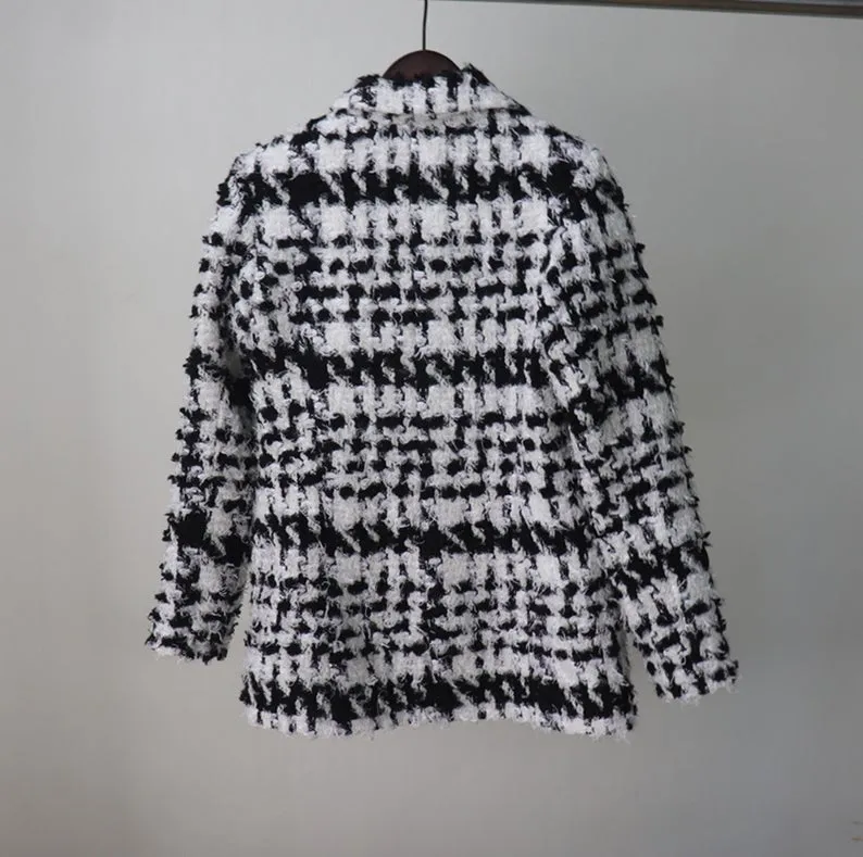 Women Black and White Checked Tweed Winter Coat -Tailor Made