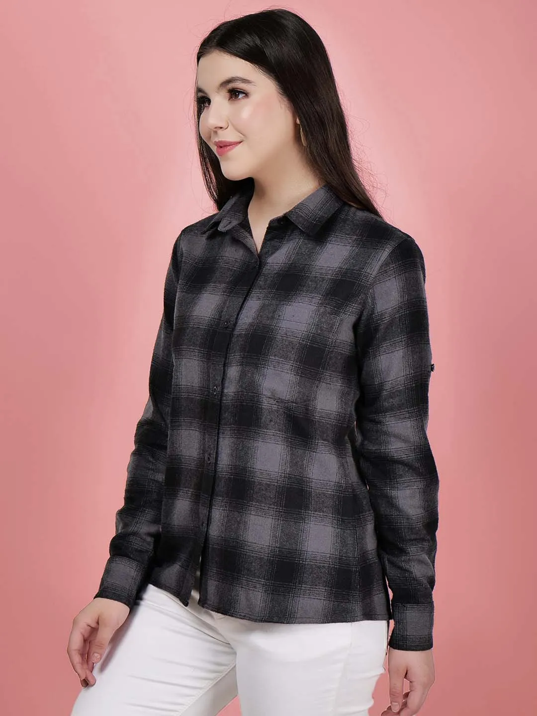 Women Black Check Cotton Shirt