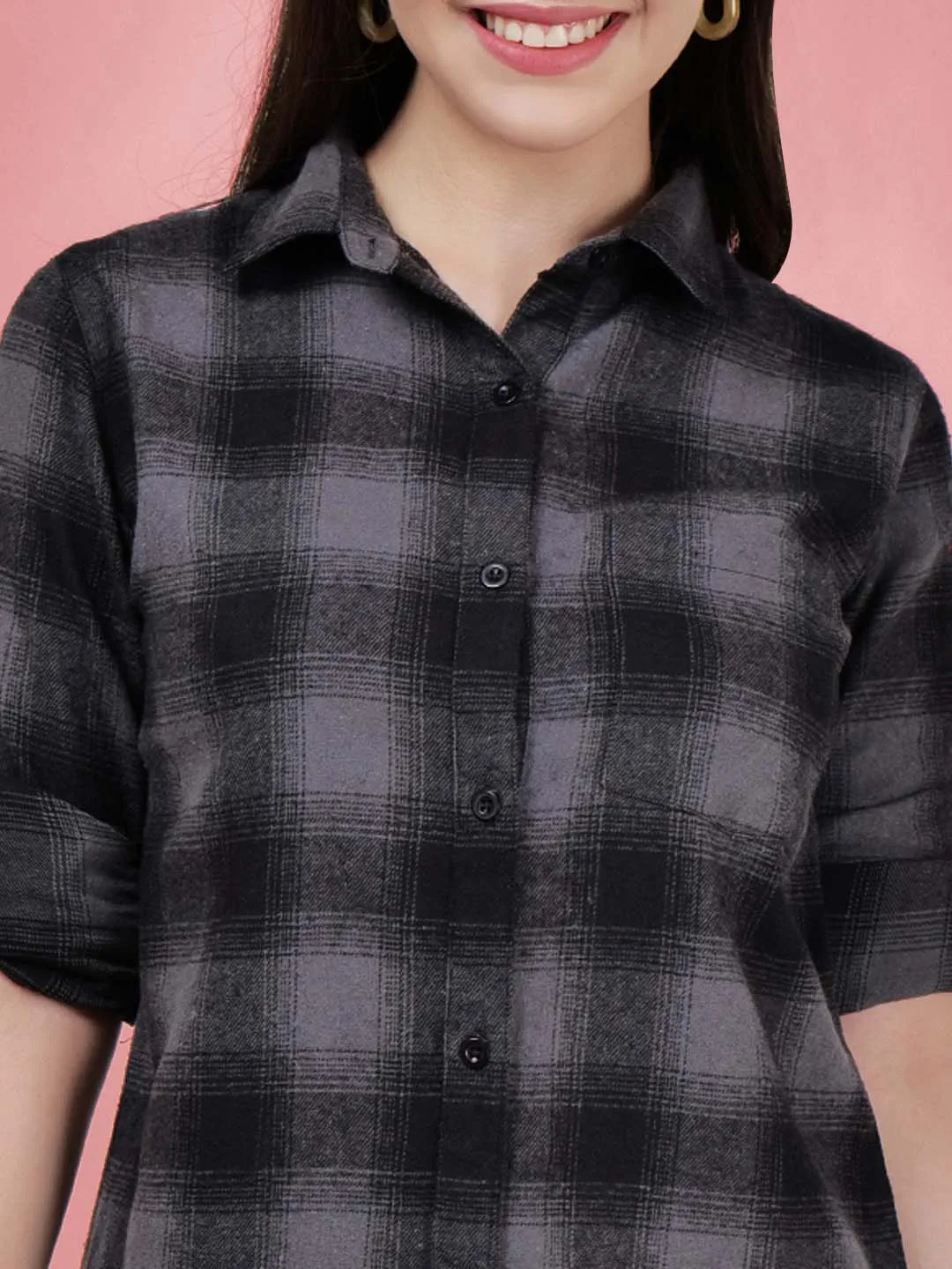 Women Black Check Cotton Shirt