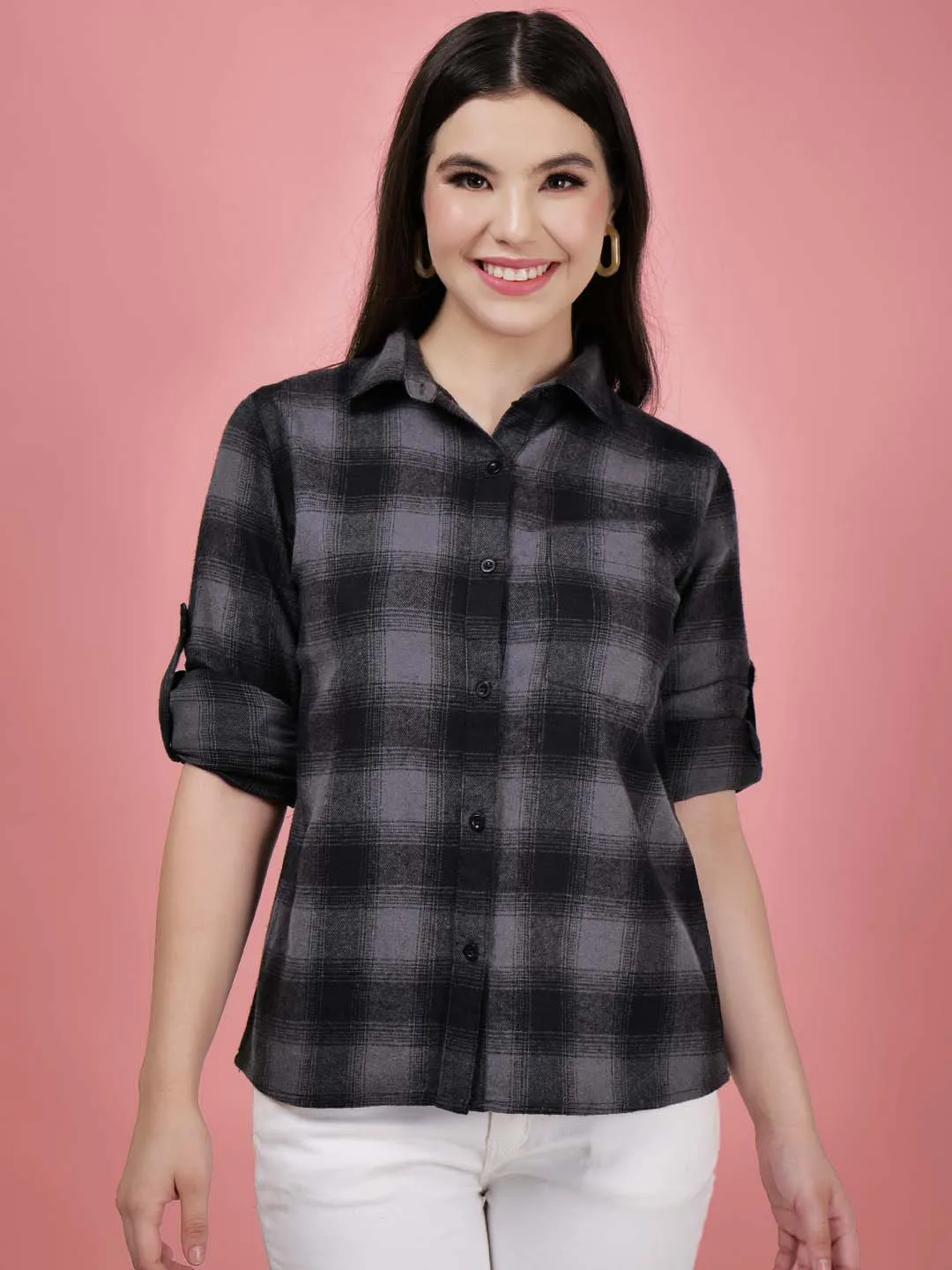 Women Black Check Cotton Shirt