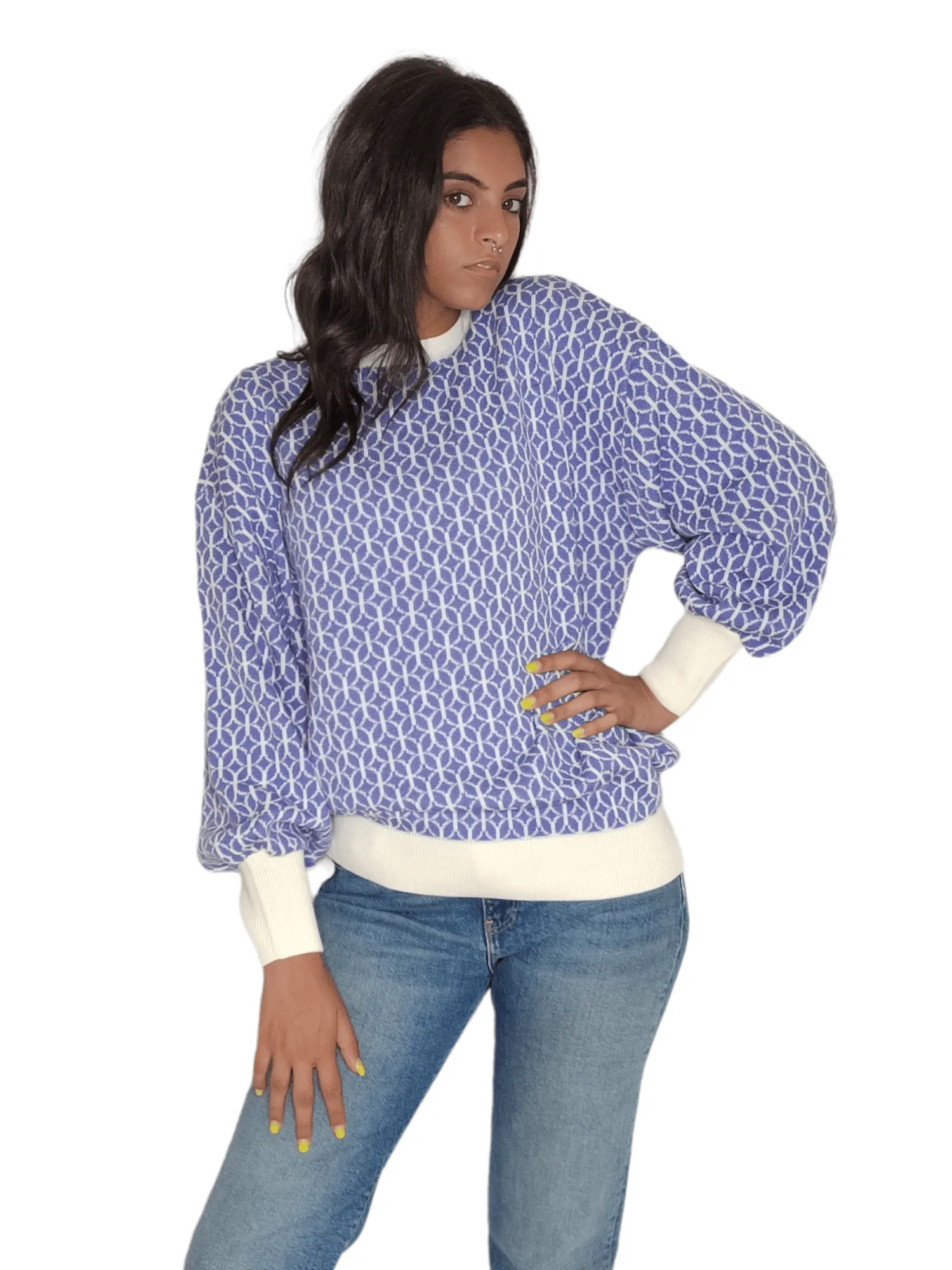 Women Long Pullover - Blue x White