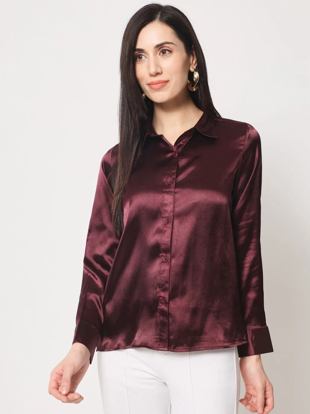 Women Maroon Classic Slim Fit Casual Shirt