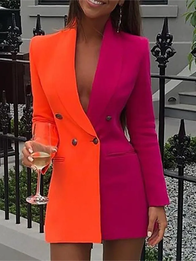 Women‘s Blazer Dress And Jacket Set Black Yellow Red Long Sleeve Color Block