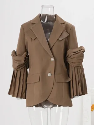 Women's Brown Blazer with Pleated Knotted Sleeves