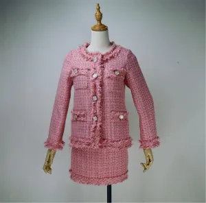 Women's Designer Inspired Custom Made Hand Made Loose Fit Pink Tweed Blazer   Skirt Suit 6 Colours