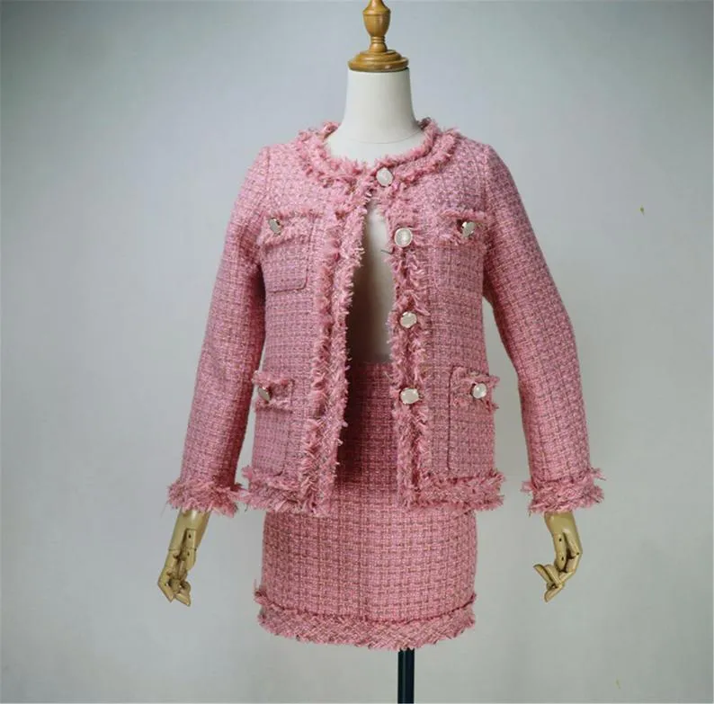 Women's Designer Inspired Custom Made Hand Made Loose Fit Pink Tweed Blazer   Skirt Suit 6 Colours