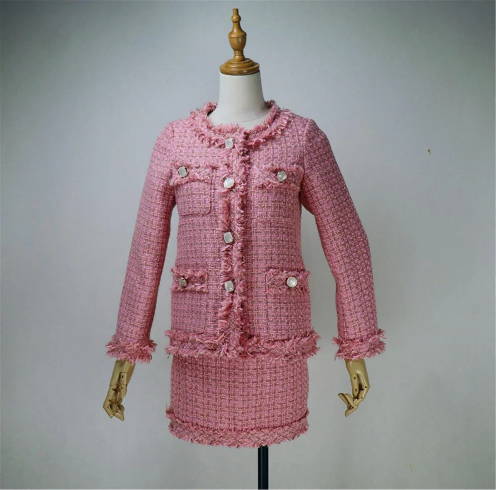 Women's Designer Inspired Custom Made Hand Made Loose Fit Pink Tweed Blazer   Skirt Suit 6 Colours