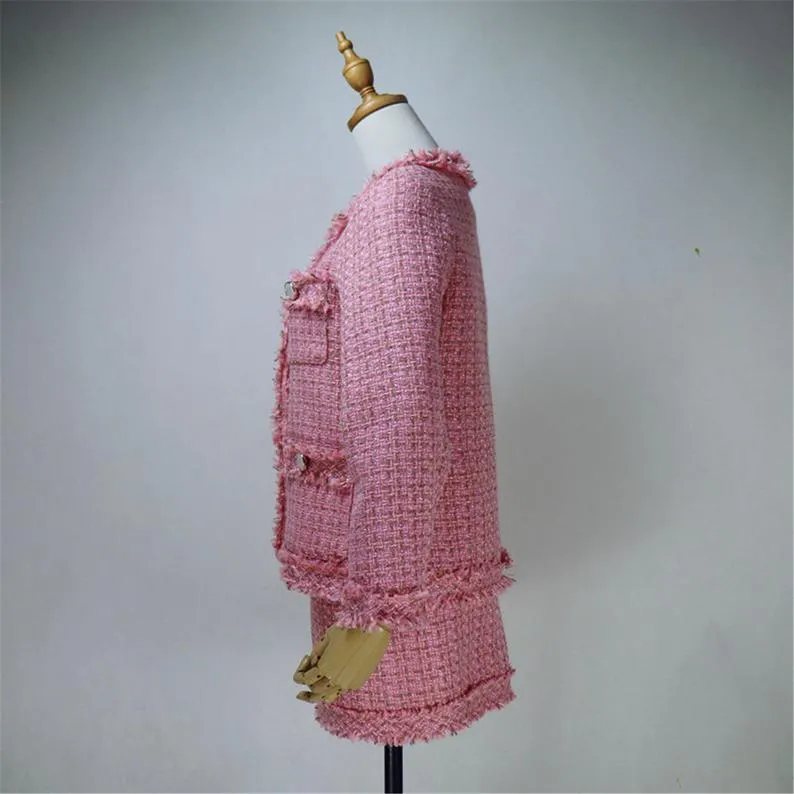 Women's Designer Inspired Custom Made Hand Made Loose Fit Pink Tweed Blazer   Skirt Suit 6 Colours