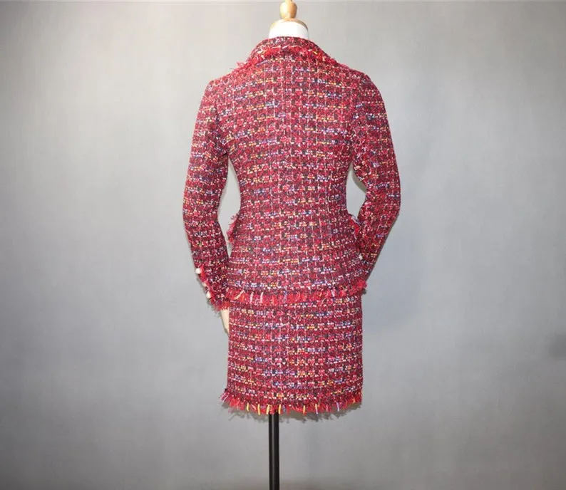 Women's Designer Inspired CUSTOM MADE Hand Made Pearl Buttons Tweed Jacket Coat Blazer   Skirt Red