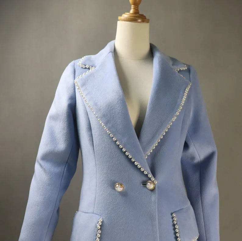 Women's Winter Tailor MADE Blue Pearl Decorated Long Warm Coat