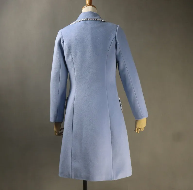 Women's Winter Tailor MADE Blue Pearl Decorated Long Warm Coat