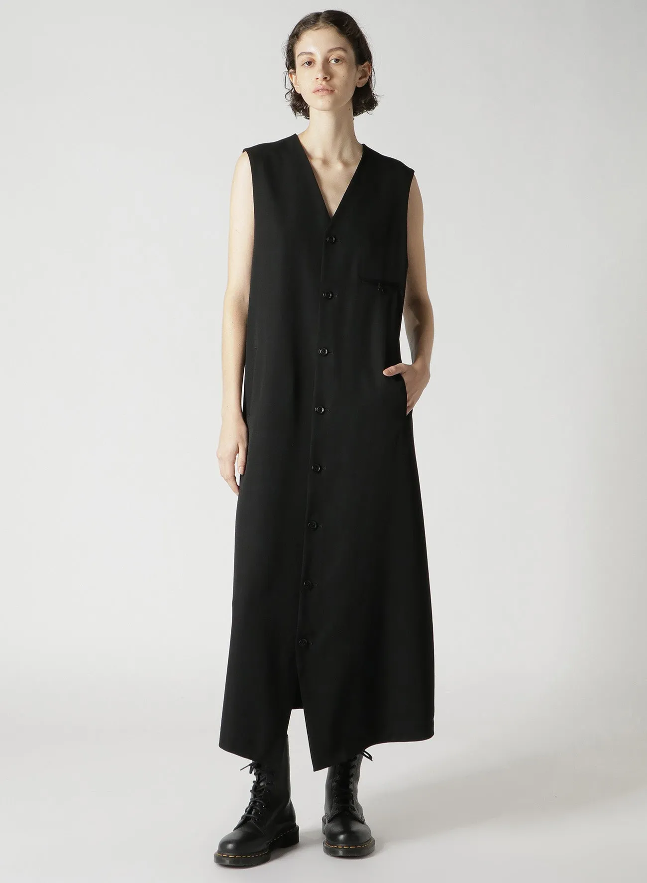 WOOL GABARDINE LONG SLEEVELESS DRESS