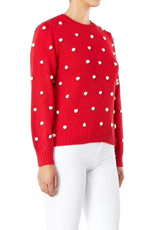 Yemak Women's Long Sleeve Round Neck Pom Pom Polka Dot Sweater Pullover MK8228 (S-L)