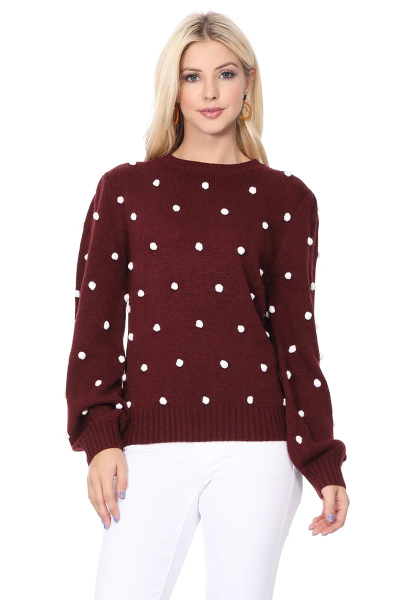 Yemak Women's Long Sleeve Round Neck Pom Pom Polka Dot Sweater Pullover MK8228 (S-L)