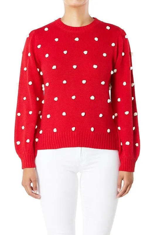 Yemak Women's Long Sleeve Round Neck Pom Pom Polka Dot Sweater Pullover MK8228 (S-L)