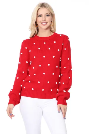 Yemak Women's Long Sleeve Round Neck Pom Pom Polka Dot Sweater Pullover MK8228 (S-L)